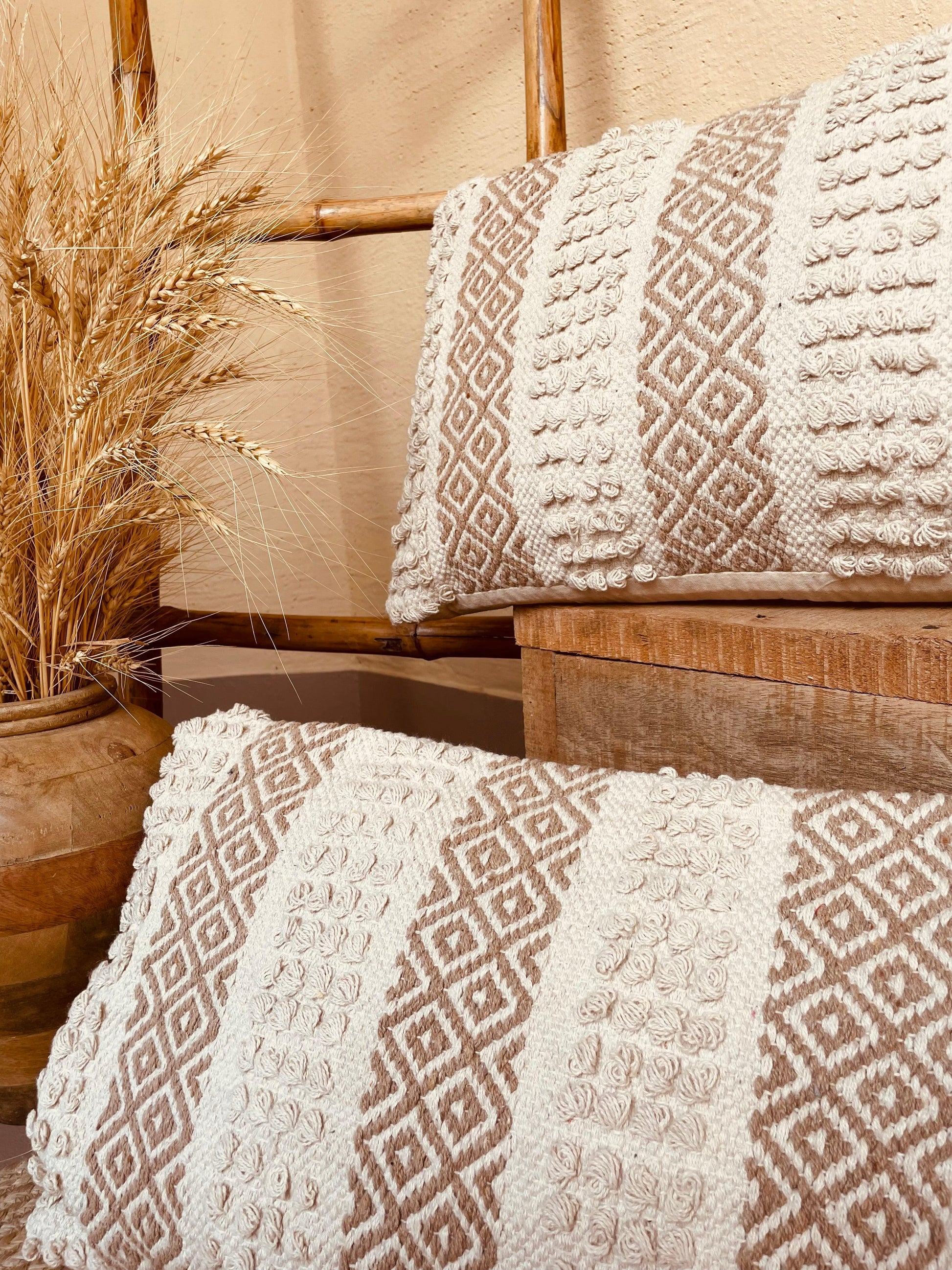 Bohemian Rectangle Natural Cotton Cushion Cover - Off White and Beige - TESU