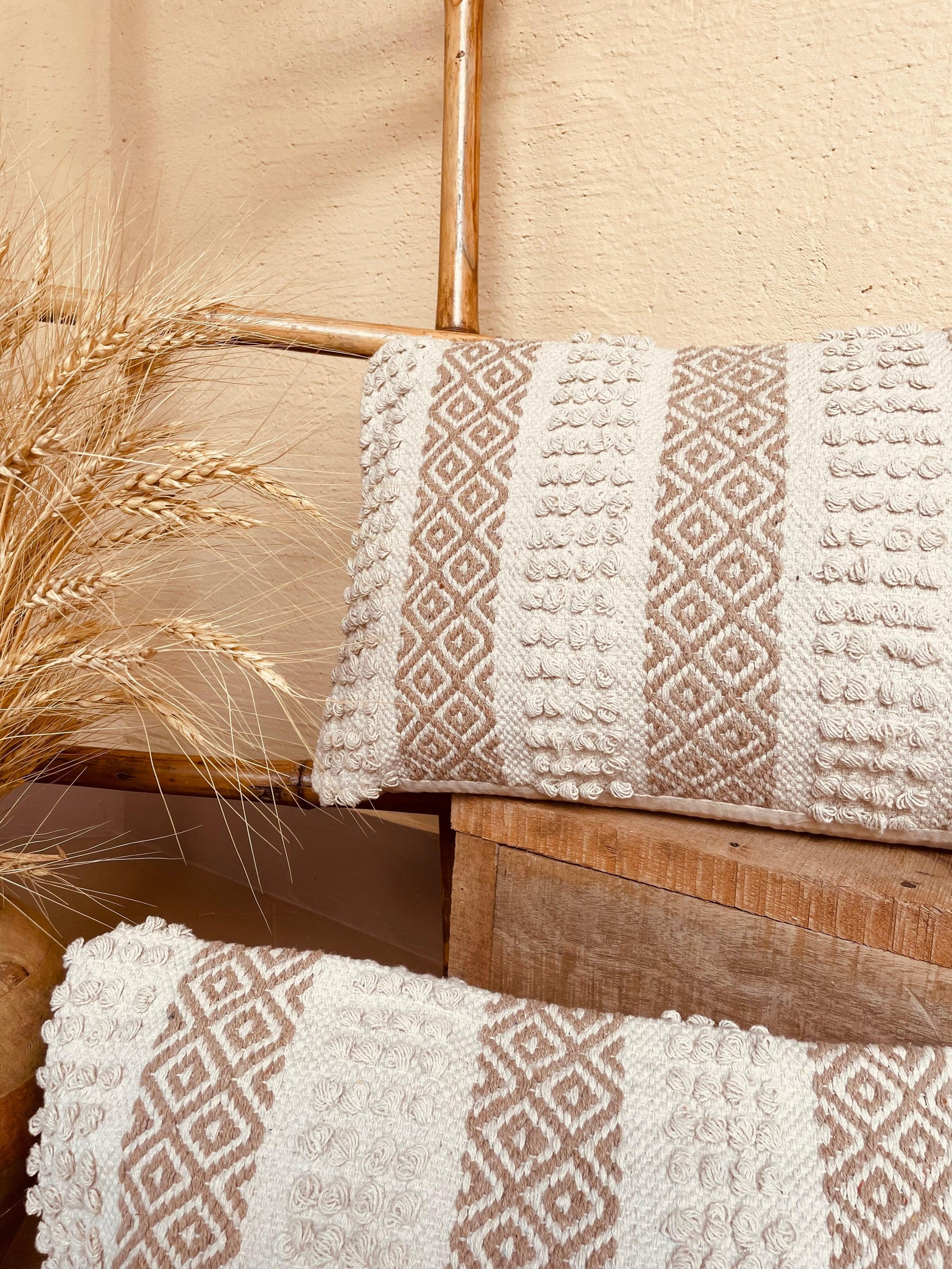 Bohemian Rectangle Natural Cotton Cushion Cover - Off White and Beige - TESU