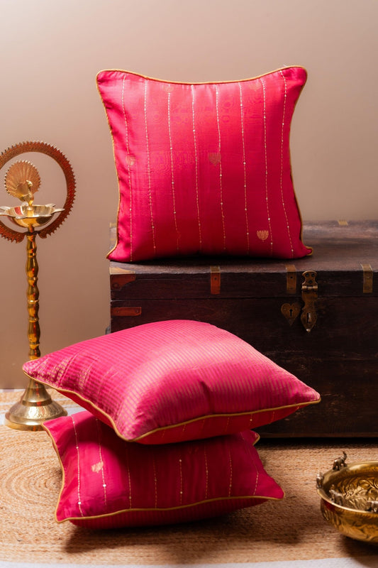 Lotus Butti in Zari and Katha Cushion Cover - TesuCushion Covers