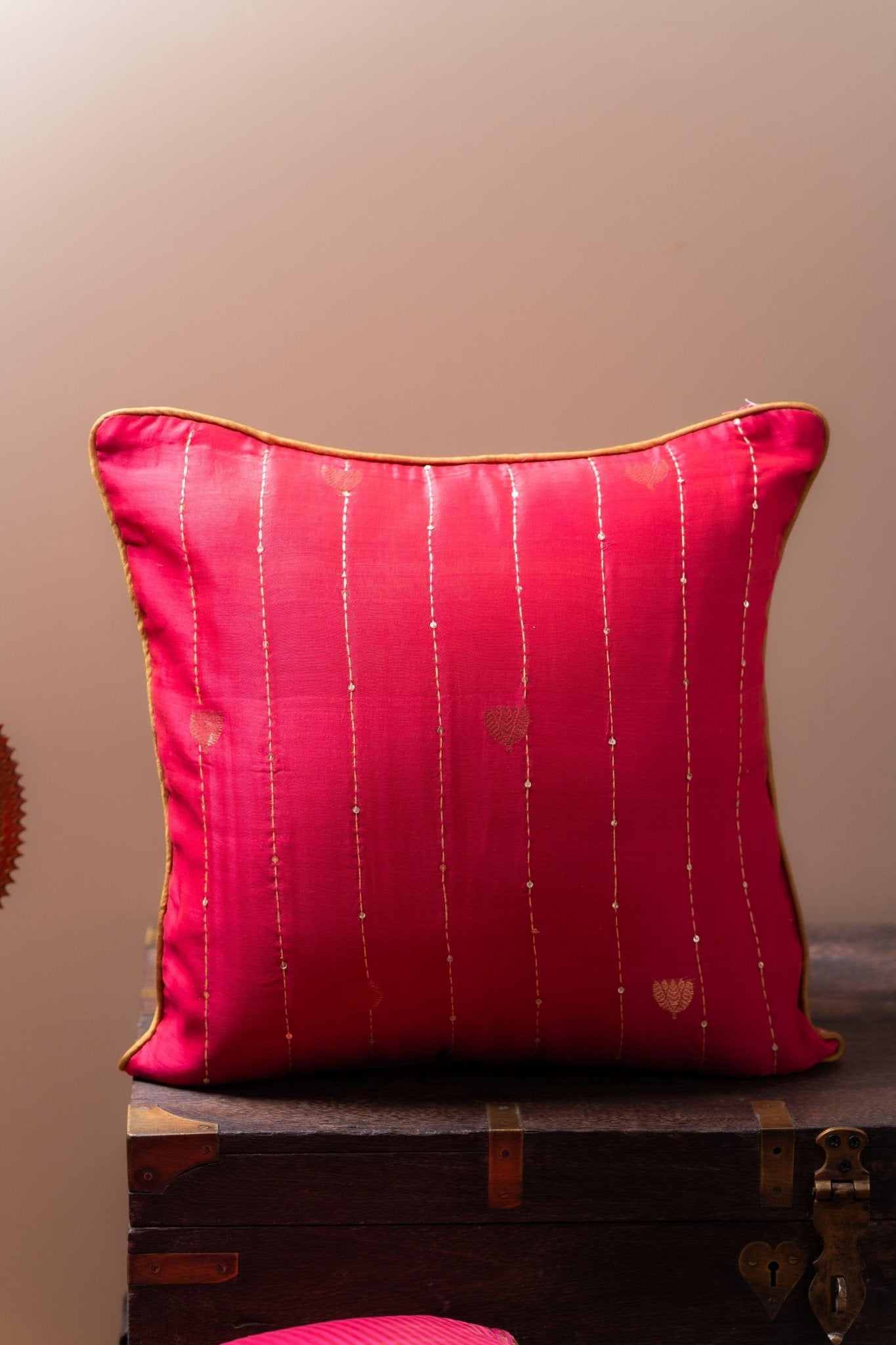 Lotus Butti in Zari and Katha Cushion Cover - TesuCushion Covers