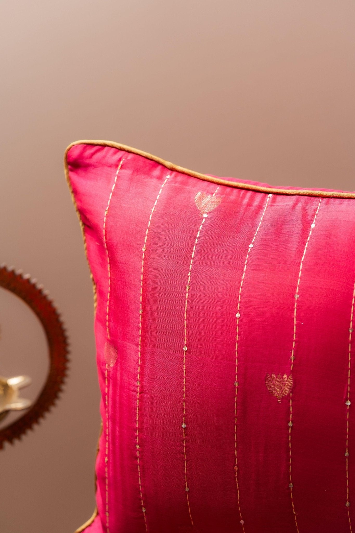 Lotus Butti in Zari and Katha Cushion Cover - TesuCushion Covers