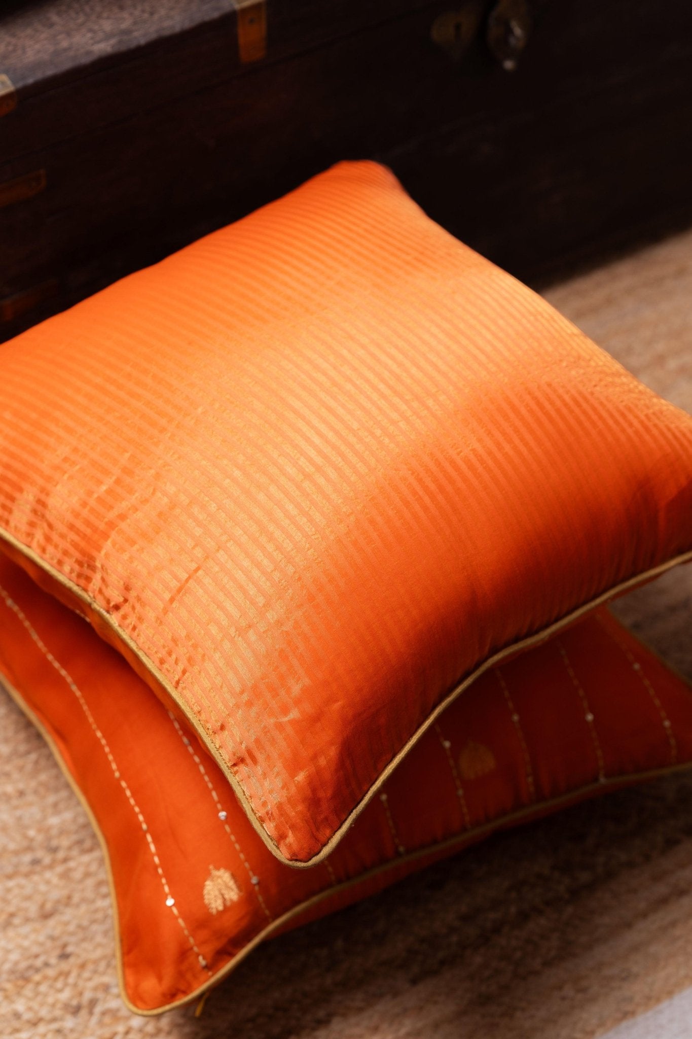 Lotus Butti in Zari and Katha Cushion Cover - TesuCushion Covers