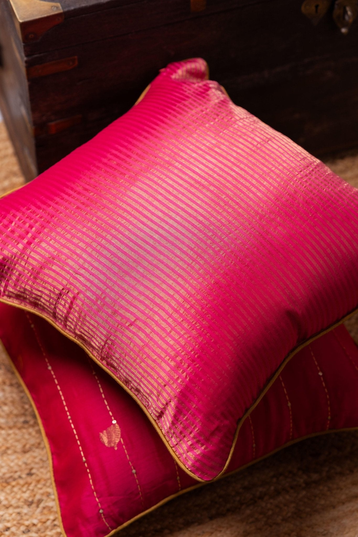 Lotus Butti in Zari and Katha Cushion Cover - TesuCushion Covers