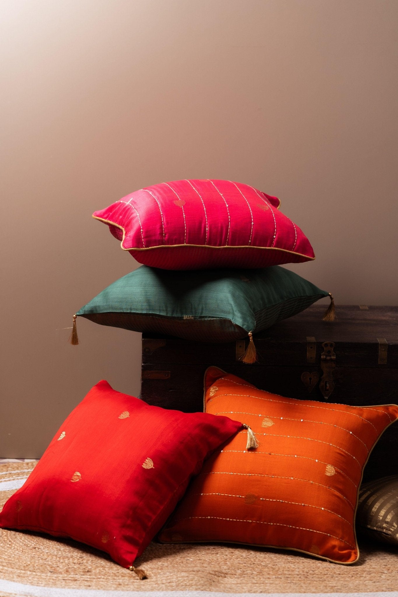 Lotus Butti in Zari and Katha Cushion Cover - TesuCushion Covers