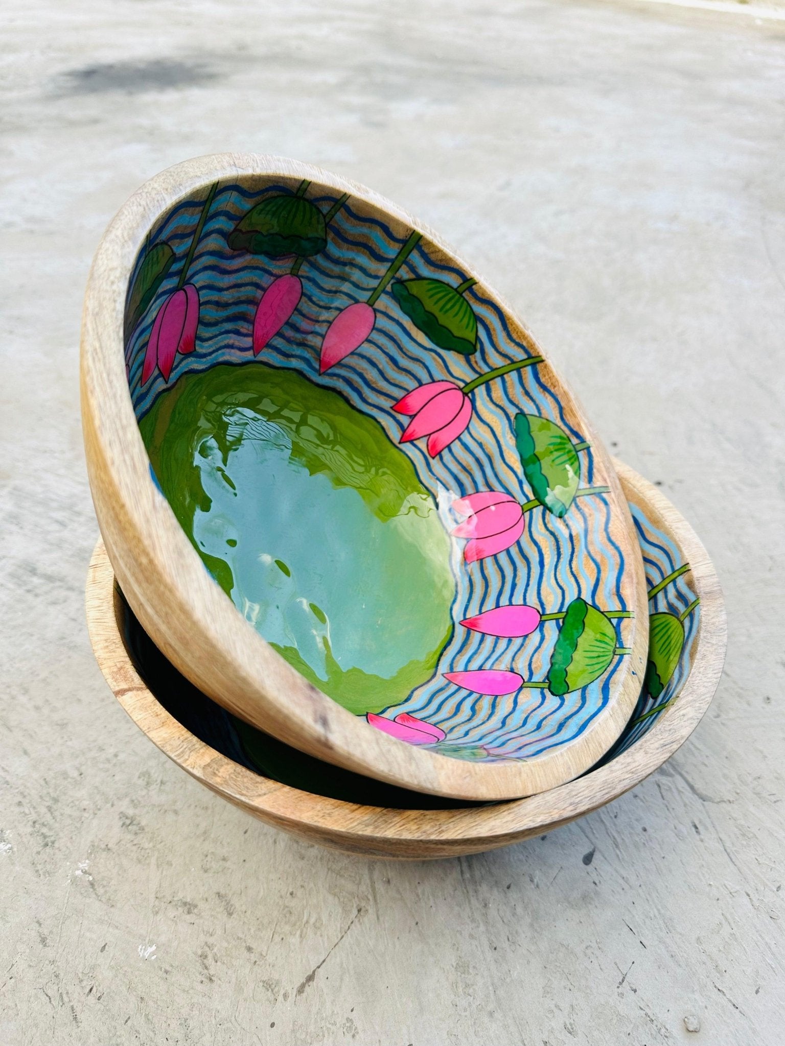 Lotus Handpainted Wooden Bowl - TesuHome & Kitchen