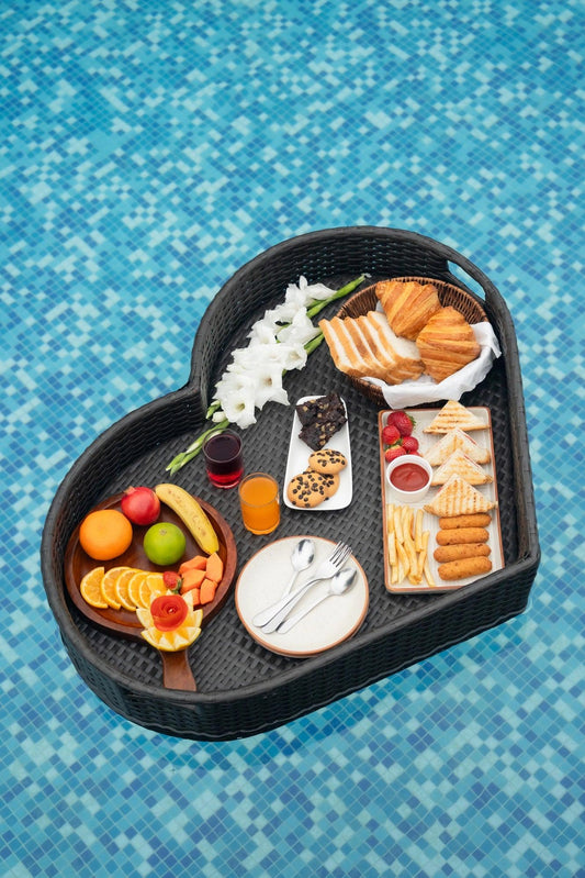 Luxury brown heart floating tray in spa setting with breakfast – Tesu Trays & Serveware