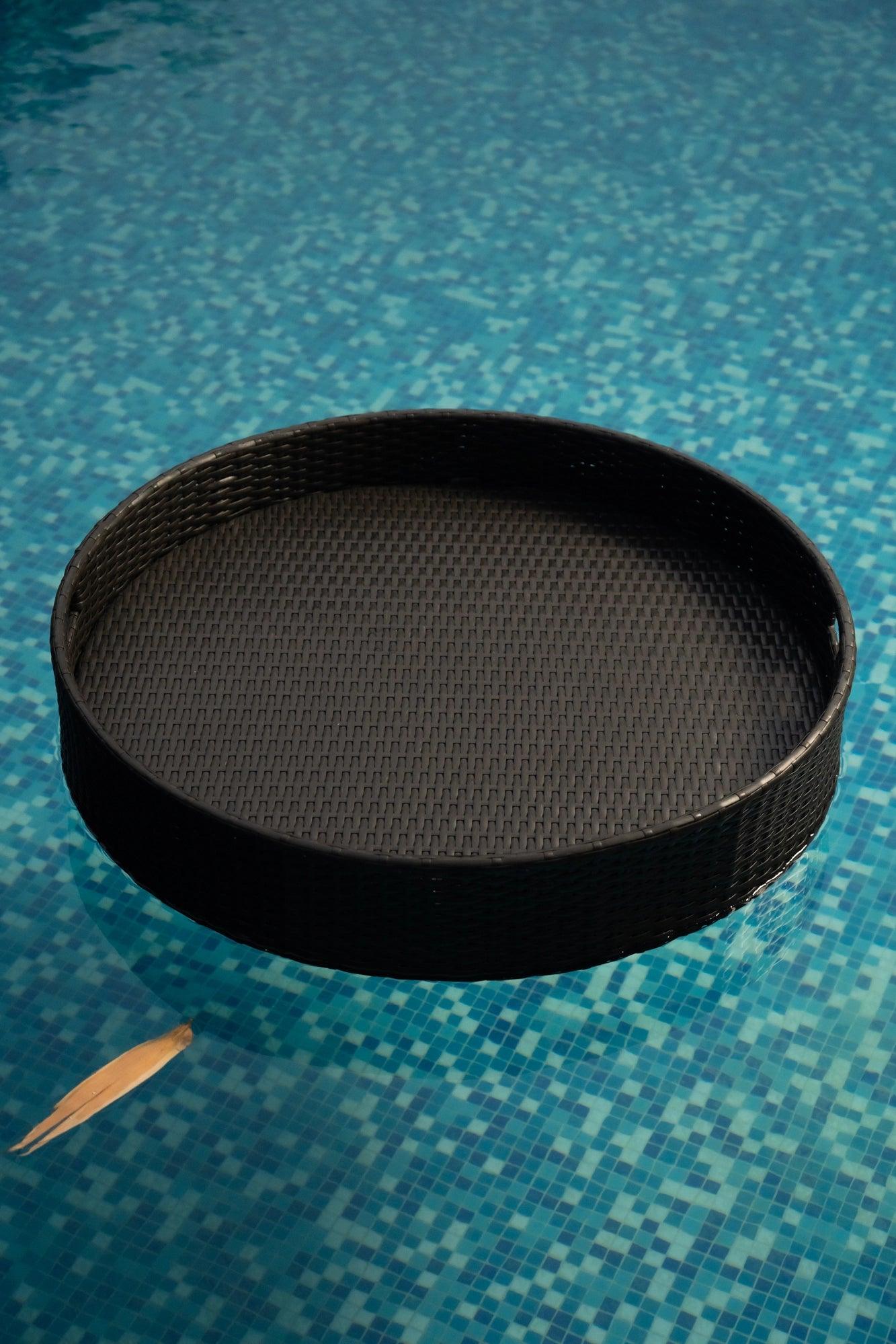 Waterproof Luxury Round Floating Serving Tray - UV resistant synthetic rattan construction with foam flotation lining