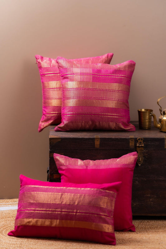 Magenta Gold Luxe Series cushion cover with rich zari weave and golden border – Tesu Cushion Covers