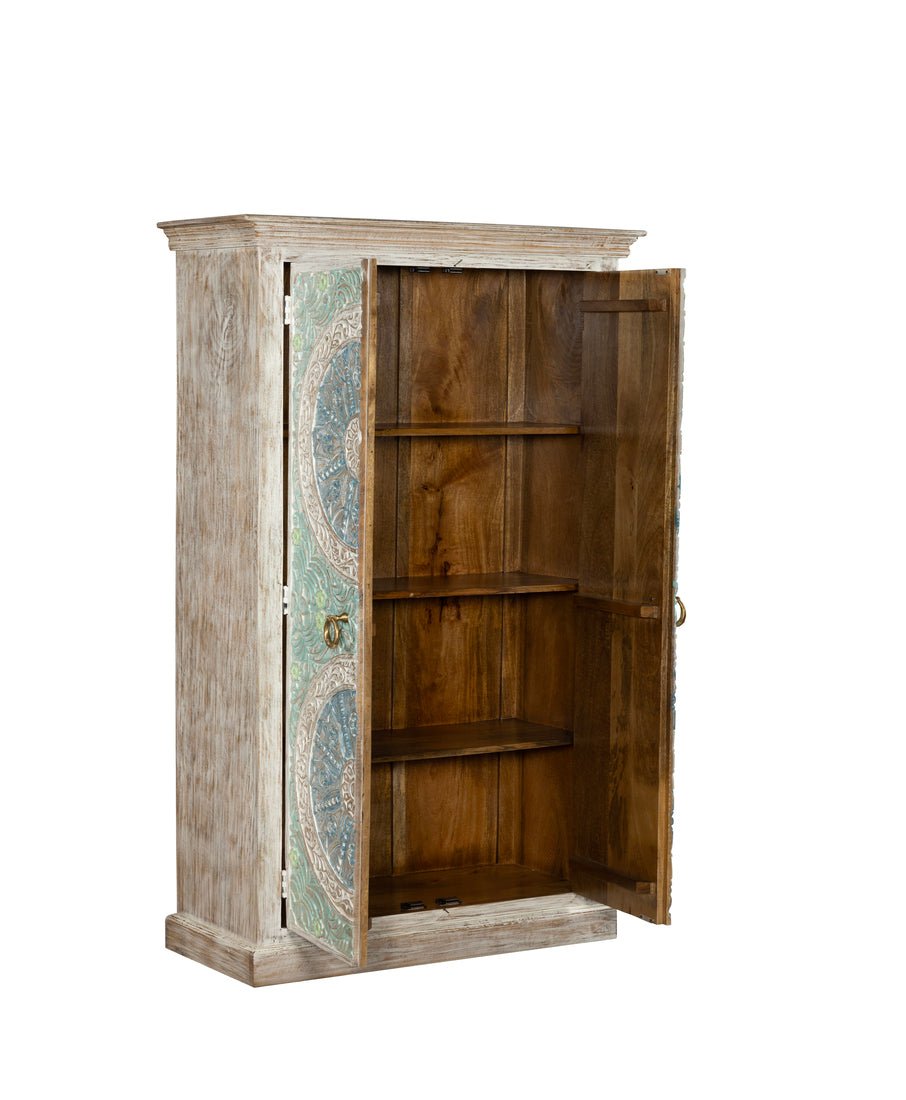 Wooden cabinet with open doors on a white background