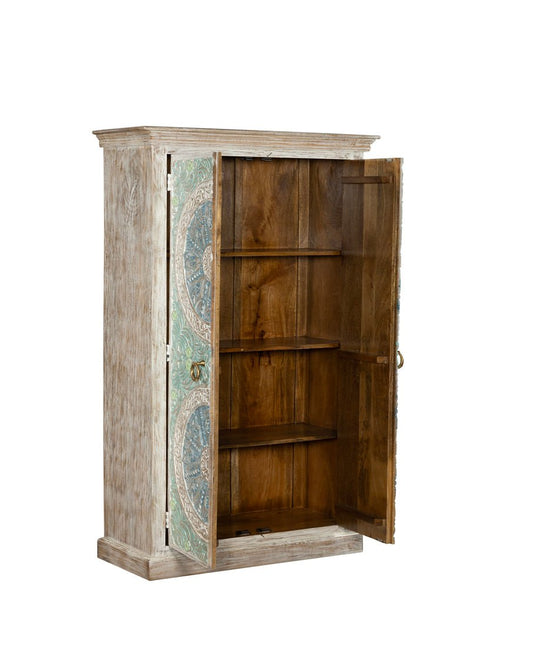 Wooden cabinet with open doors on a white background
