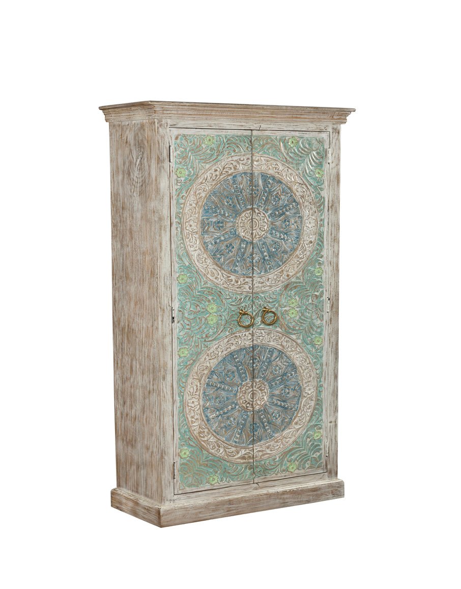 Wooden cabinet with decorative circular patterns on a white background