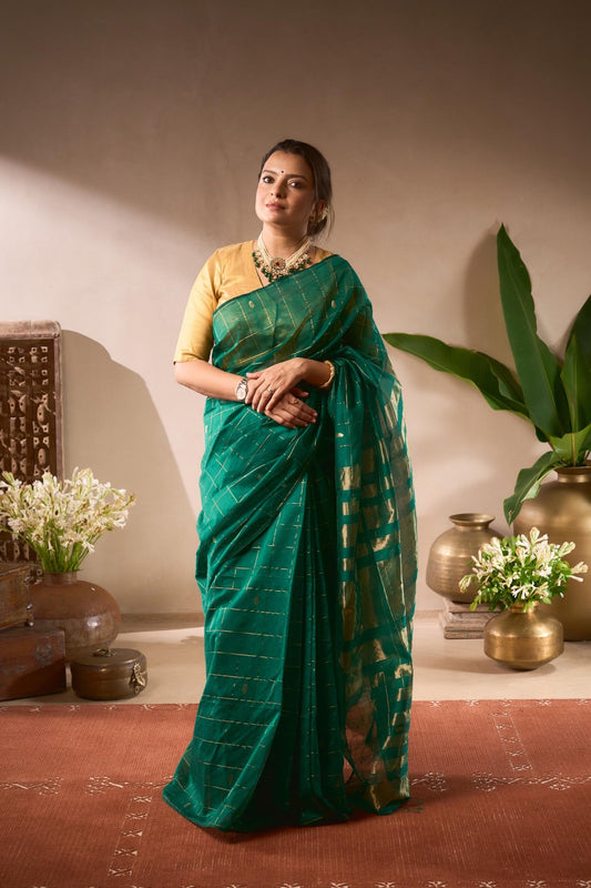 Woman in a green saree with a gold blouse standing in a decorated room with plants and vases.