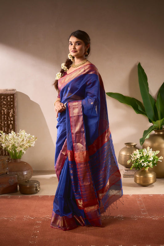 Woman in a blue and pink saree standing in a decorated room with plants and vases.