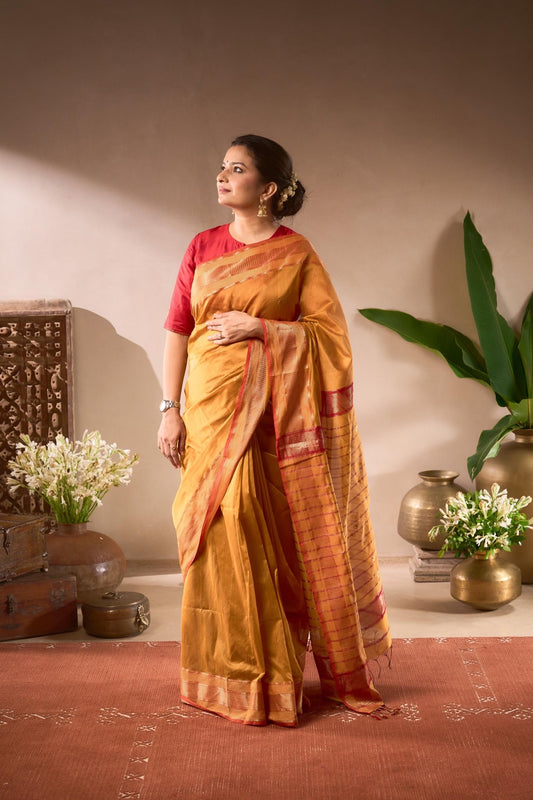 Woman in a traditional saree standing in a room with decorative elements.