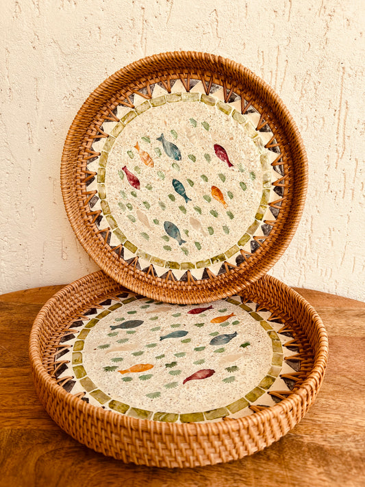 Fish Motifs Designer Mother Of Pearl Rattan Tray - TESU