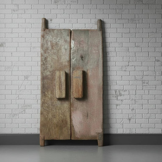 Vintage wooden wardrobe against a white brick wall
