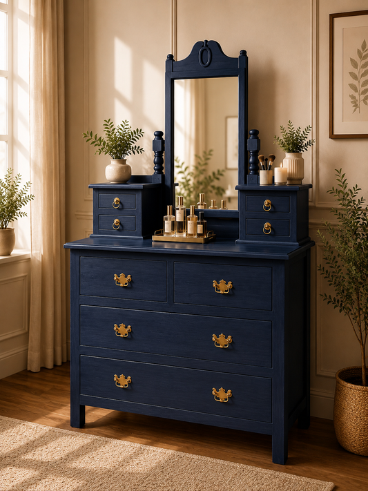 A dark blue wooden dresser with a matching mirror and side tables, styled in a warm, sunlit room with gold handles and decorative plants.