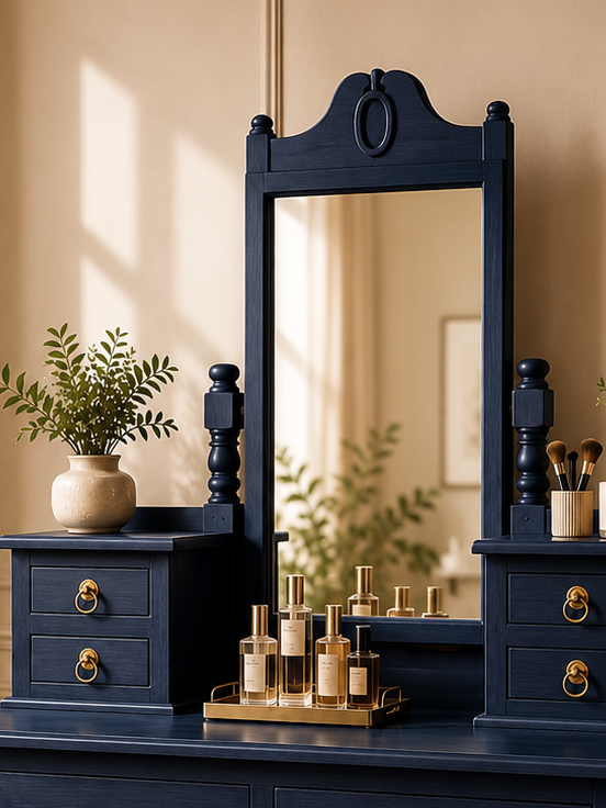A dark blue wooden dresser with a matching mirror and side tables, styled in a warm, sunlit room with gold handles and decorative plants.