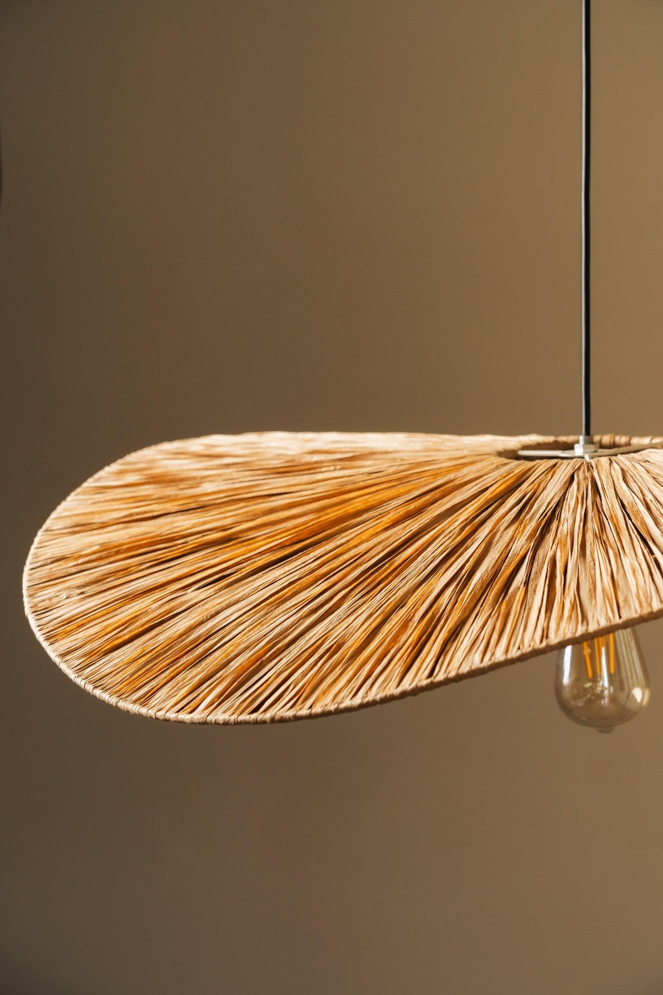 Close-up of a leaf-shaped pendant light with a brown background