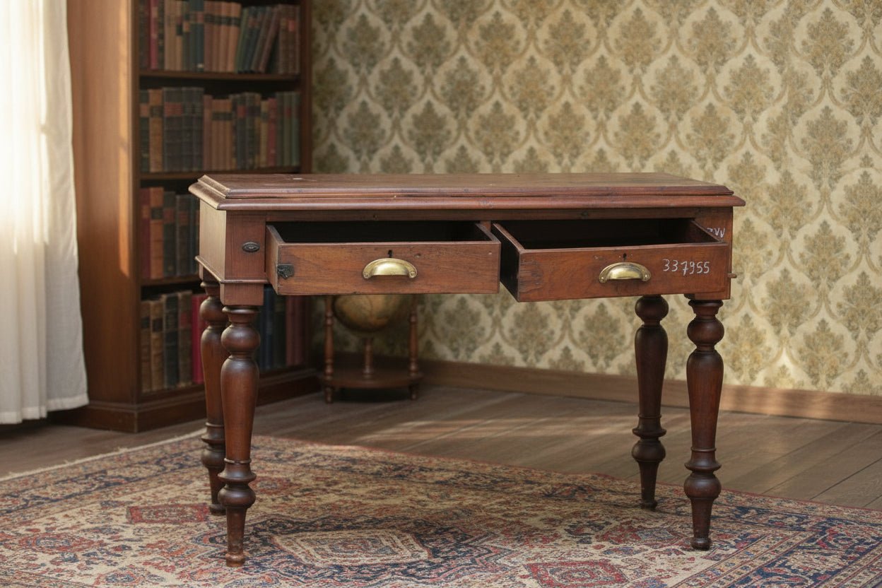 Wooden desk with two drawers on a gray surface