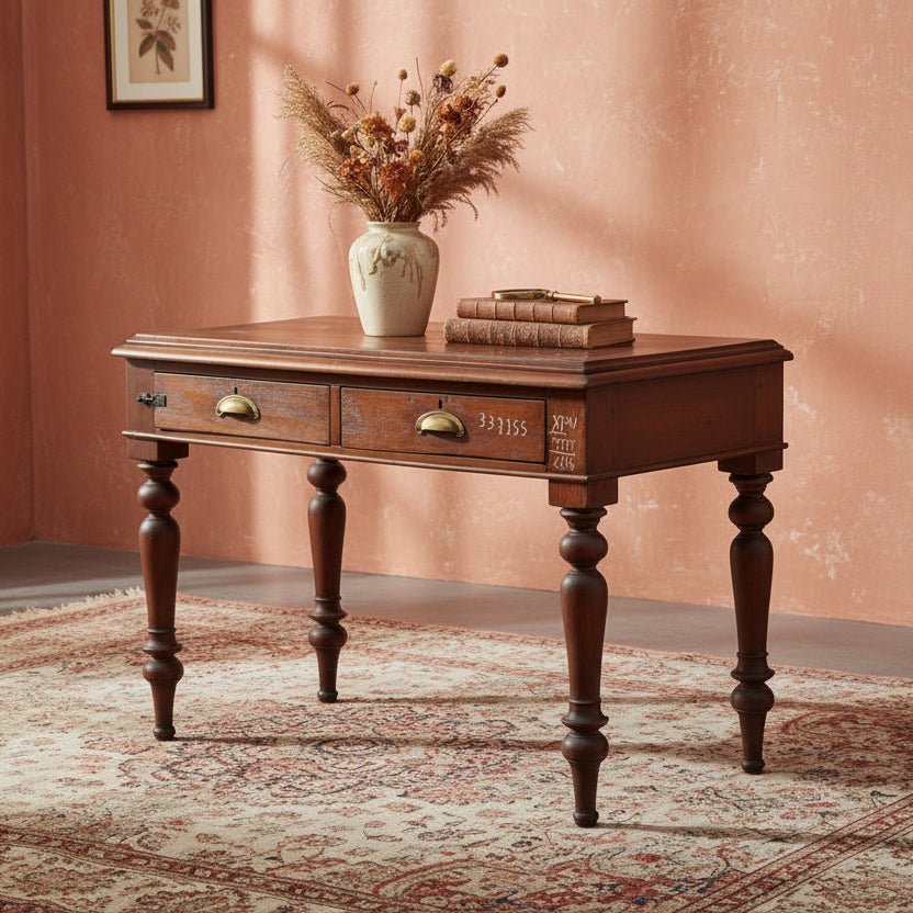 Wooden desk with two drawers on a white background