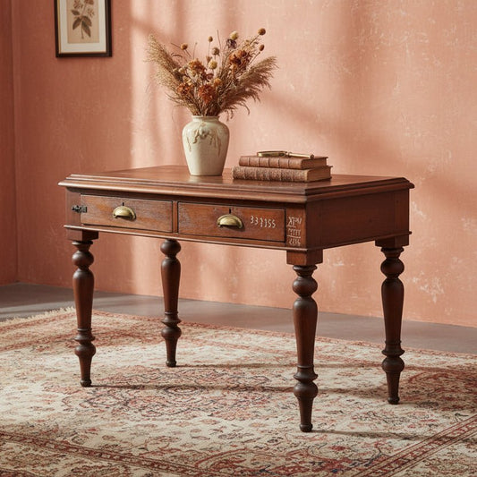 Wooden desk with two drawers on a white background