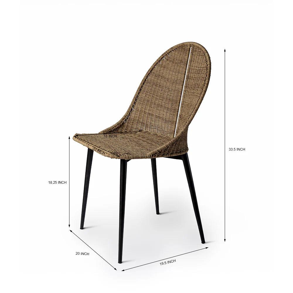 Wicker chair with dimensions on a white background