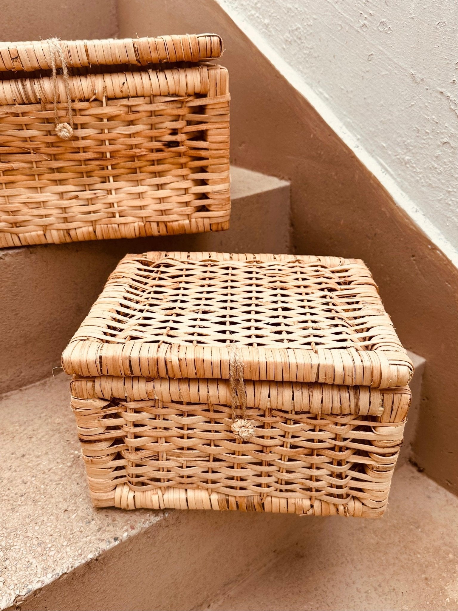 Rattan Box with attached lid - Set of 2