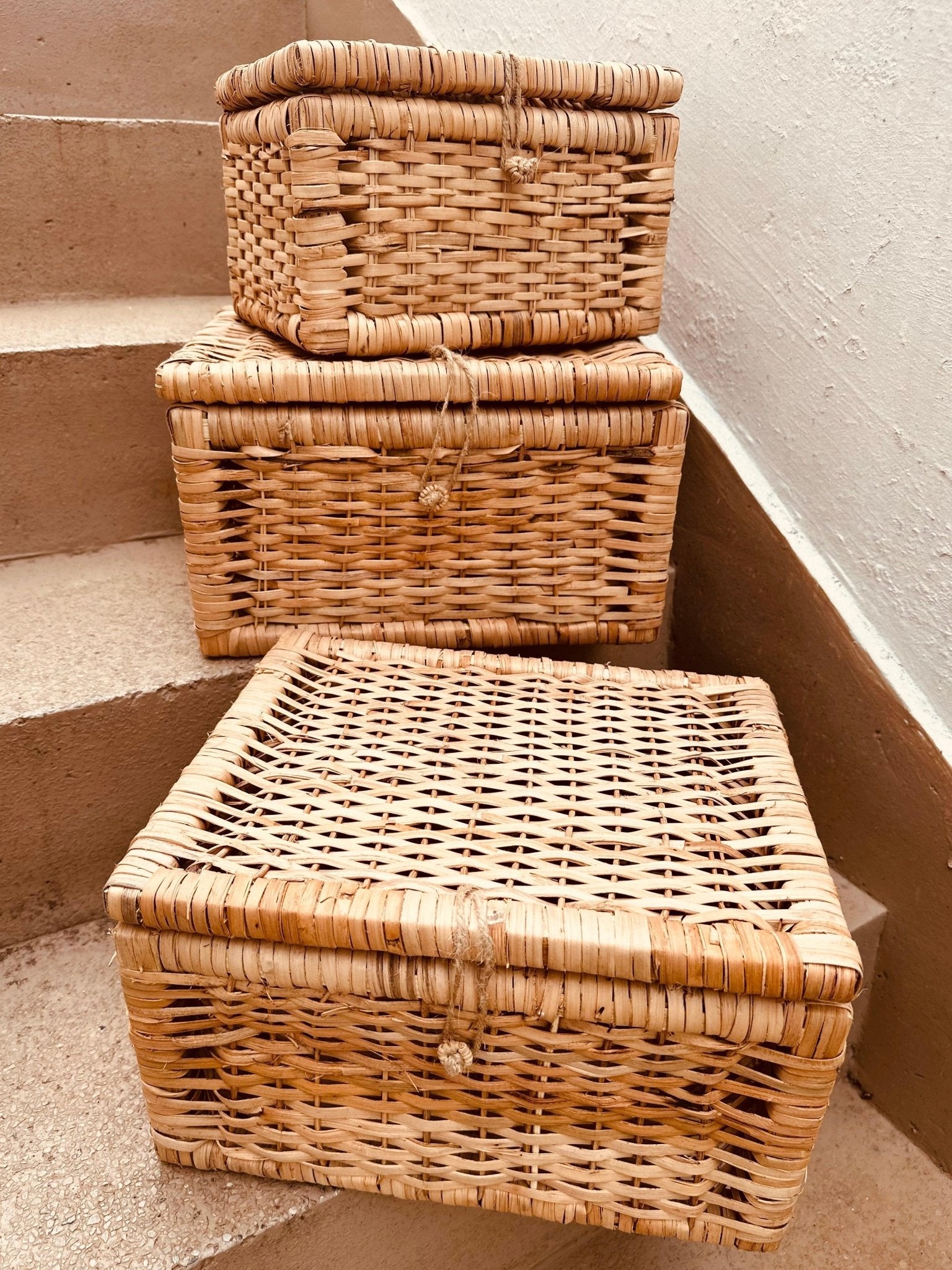 Rattan Box with attached lid - Set of 2