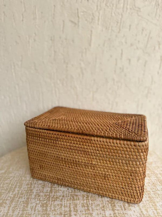 Handwoven rattan storage box with secure lid in natural finish, sustainable organizer 13.77 inches long