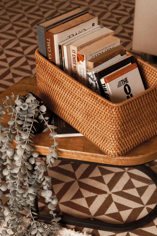 Close-up of natural rattan storage box showing handcrafted weave texture and eco-friendly construction