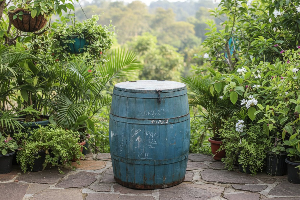 Rustic blue wooden barrel with visible wear and graffiti on a plain background