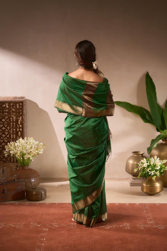 Woman in a green saree standing in a room with decorative elements.