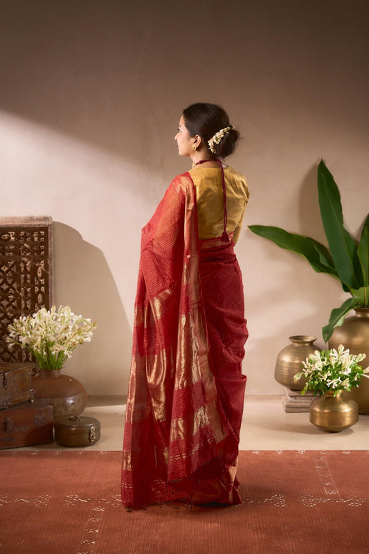 Woman in a red and gold saree standing in a decorated room with plants and decor.