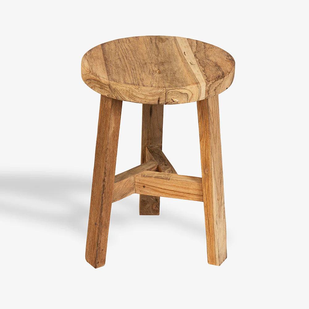 Wooden stool with a natural finish on a white background