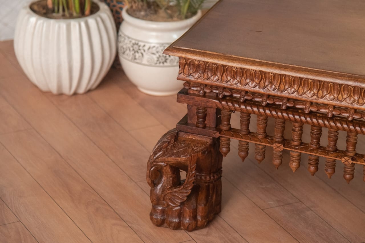 Royal Elephant Centre Table Detail – Intricate Hand-Carved Elephant Motif | Tesu India