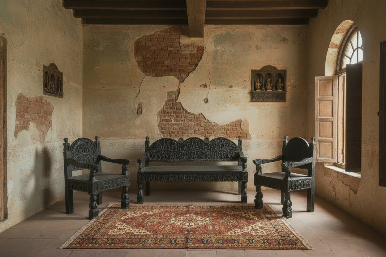 Royal Haveli Carved Seating Set - TesuFurniture