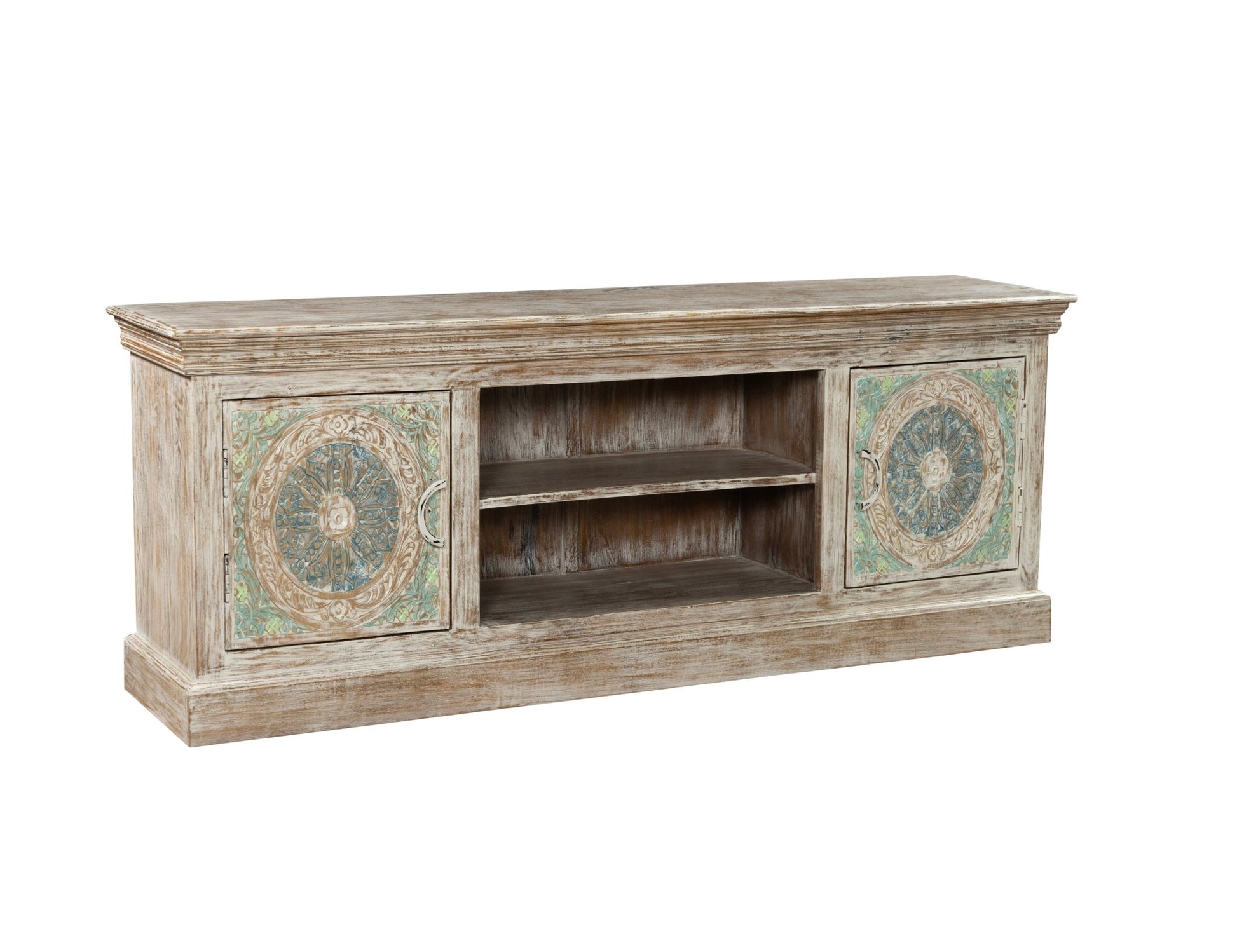  This unique media unit features intricate, hand-carved mandala patterns on both cabinet doors — a nod to traditional Indian craftsmanship. 