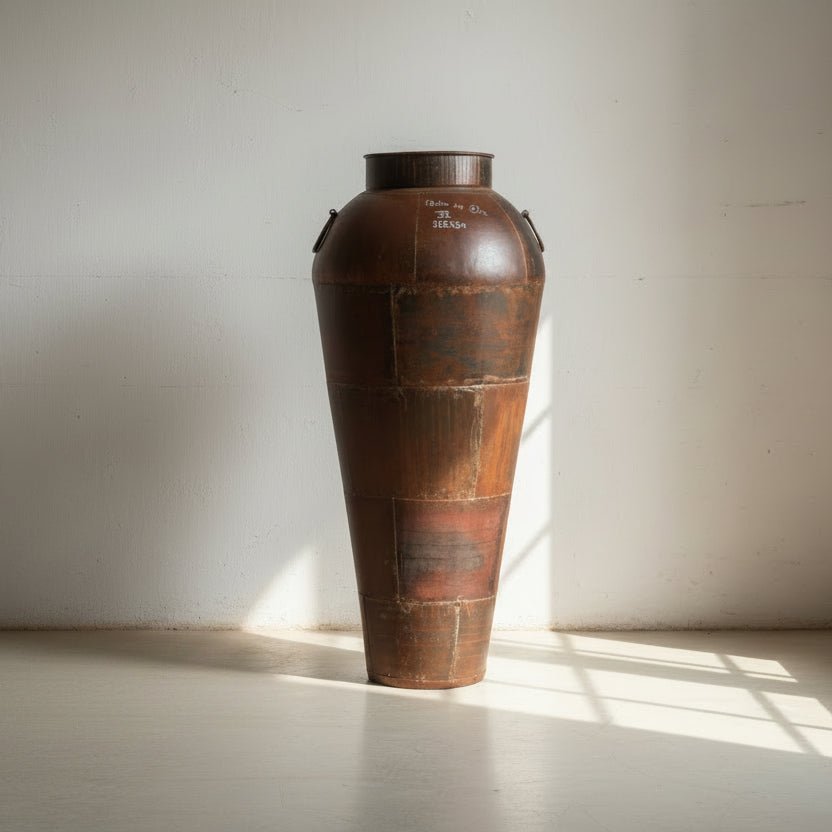 Large brown leather container on a gray surface with a white background