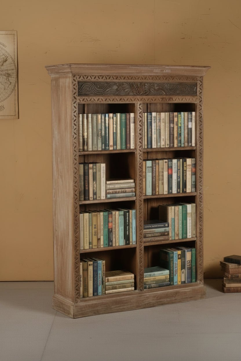 Wooden bookshelf with intricate carvings