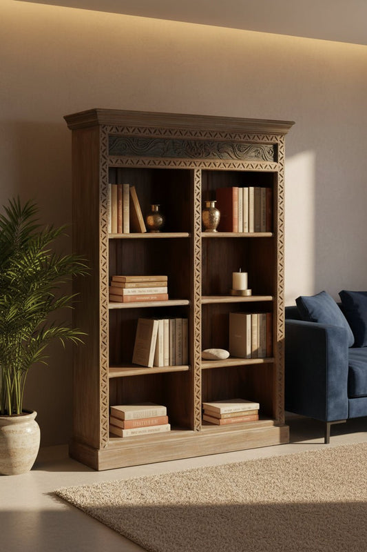 Wooden bookshelf with intricate carvings 