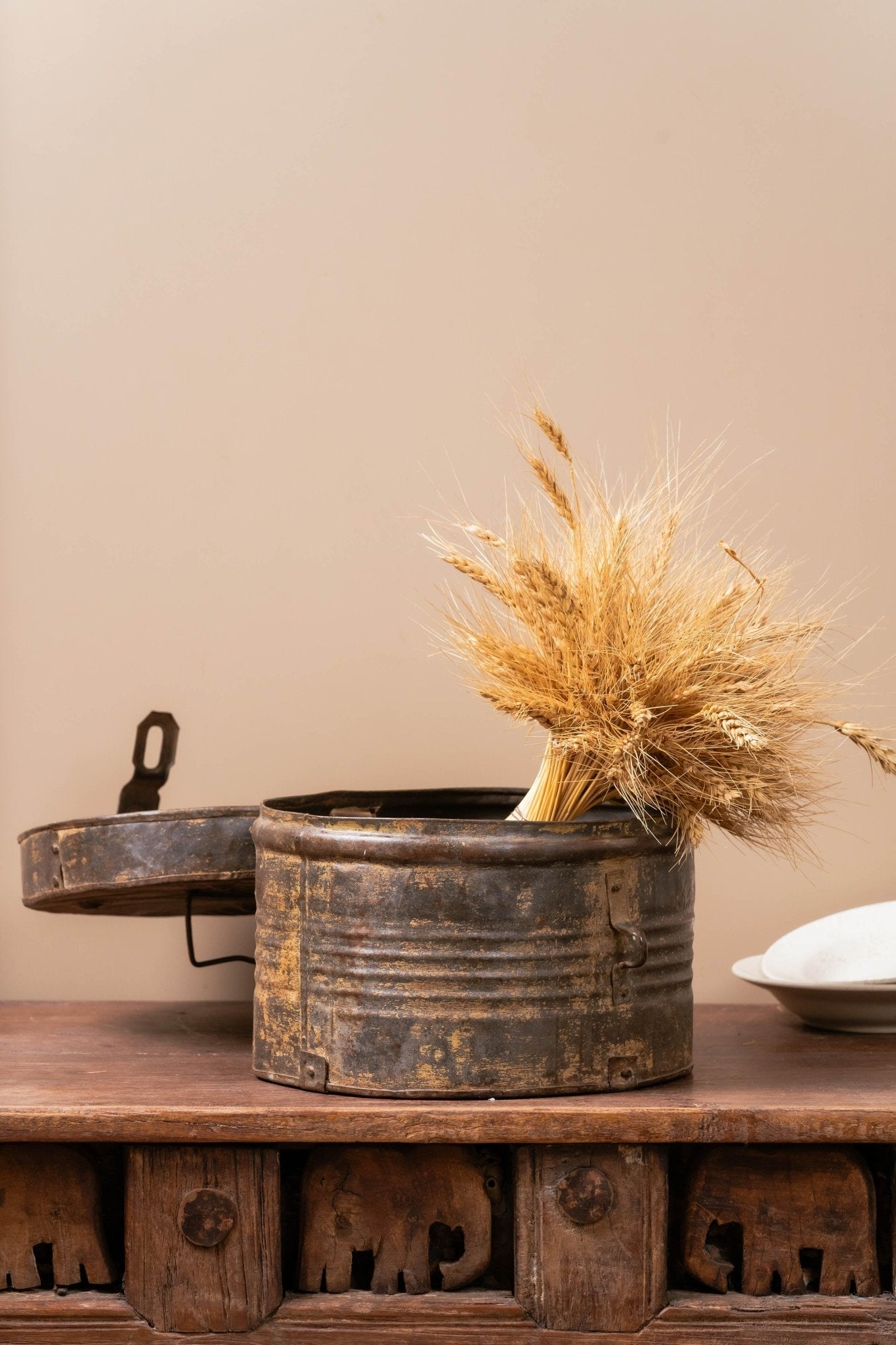 Rustic Iron Storage Oval Drum with Lid - TesuCabinets & Storage