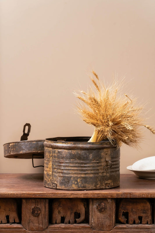 Rustic Iron Storage Oval Drum with Lid - TesuCabinets & Storage