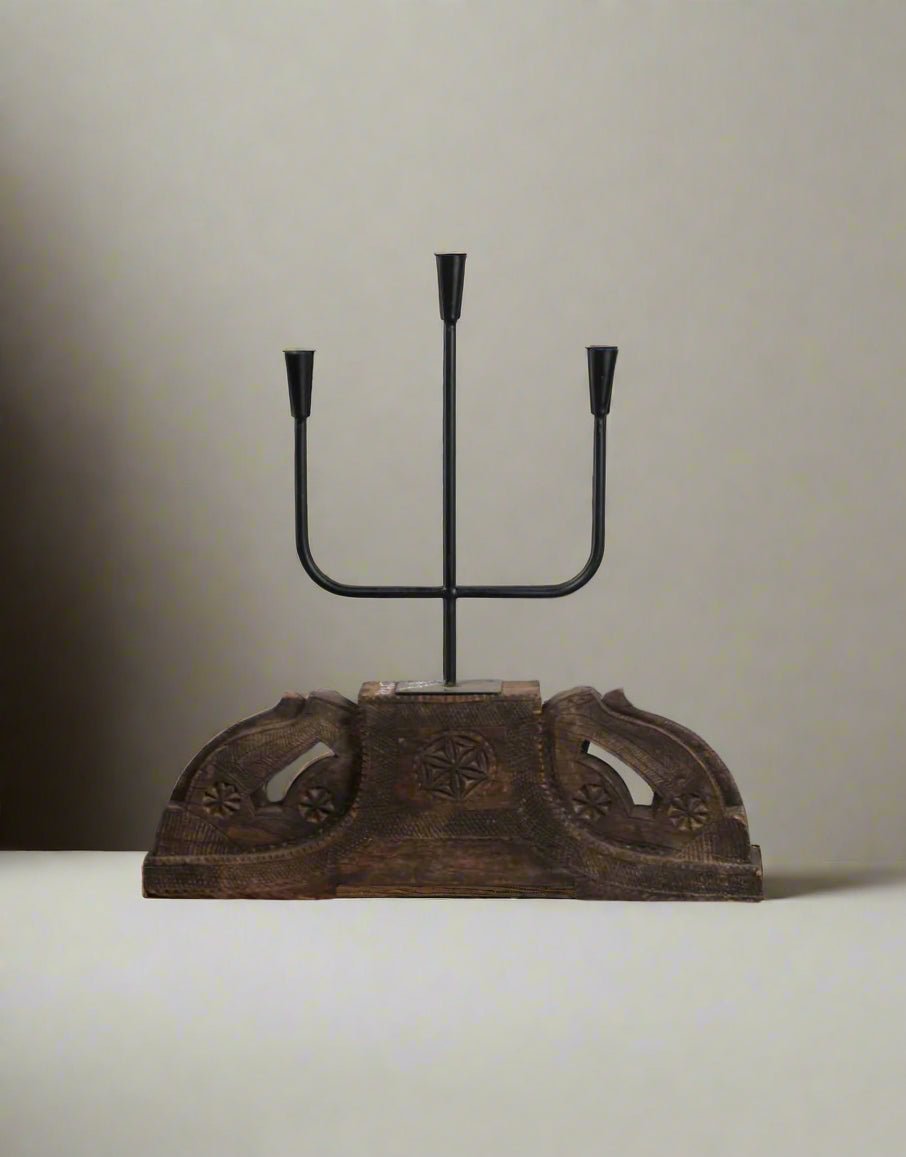 Rustic Reclaimed Candle Base - Antique Wood & Iron Candle Stand - TesuCandles & Candle Holders