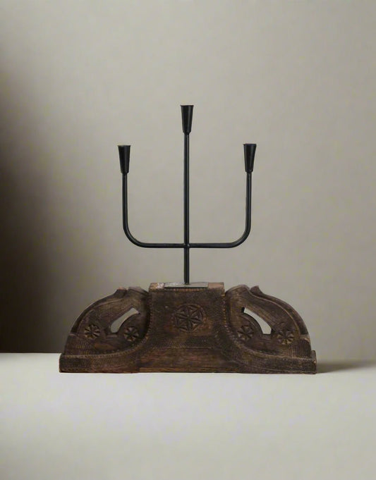Rustic Reclaimed Candle Base - Antique Wood & Iron Candle Stand - TesuCandles & Candle Holders