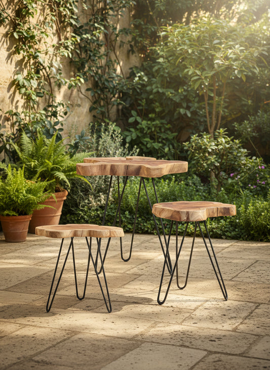 Outdoor patio set with wooden tables and stools on a stone patio.