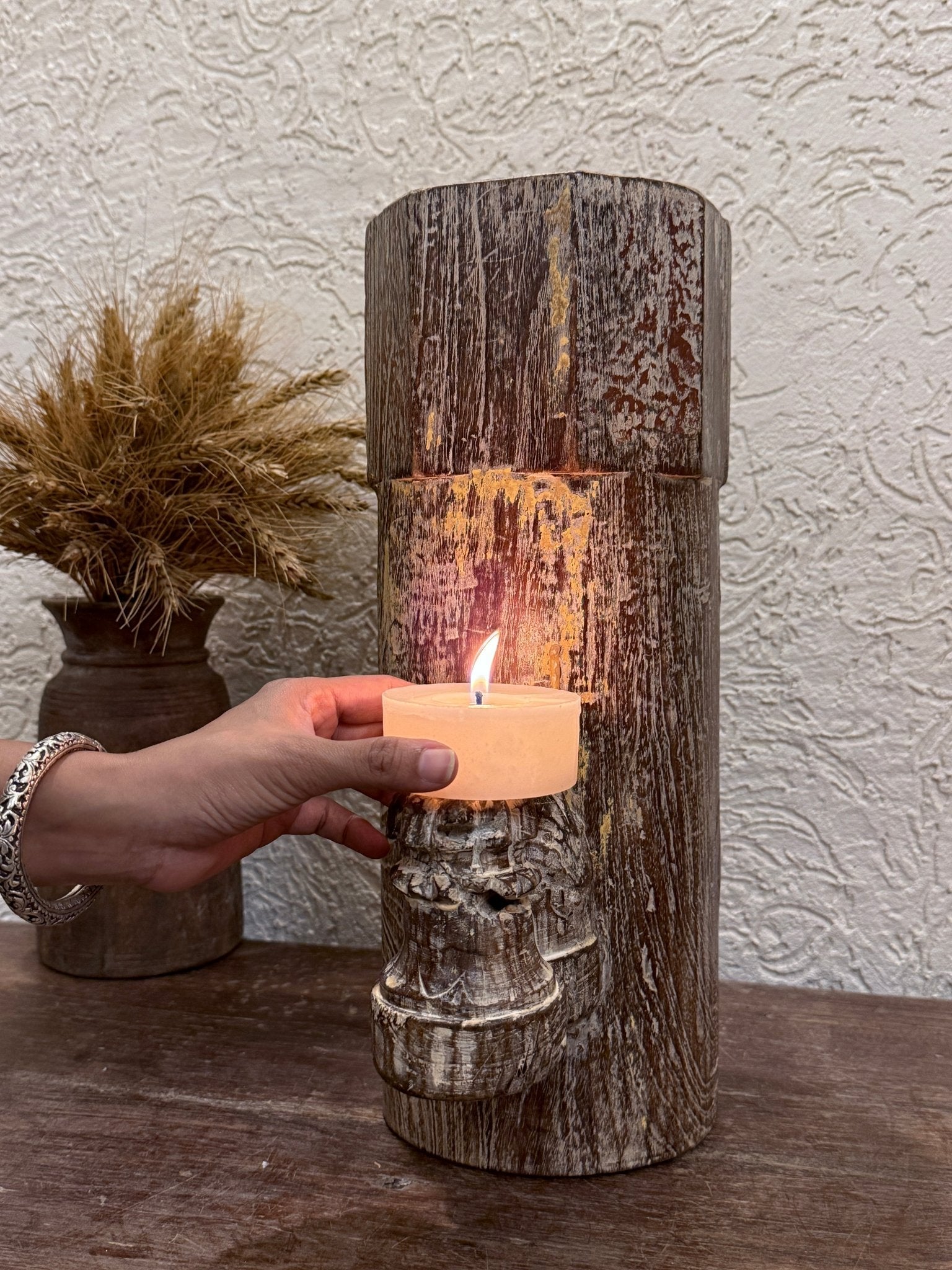 Rustic Wood Grain Candle Holder - Natural Finish - TesuHome Decor