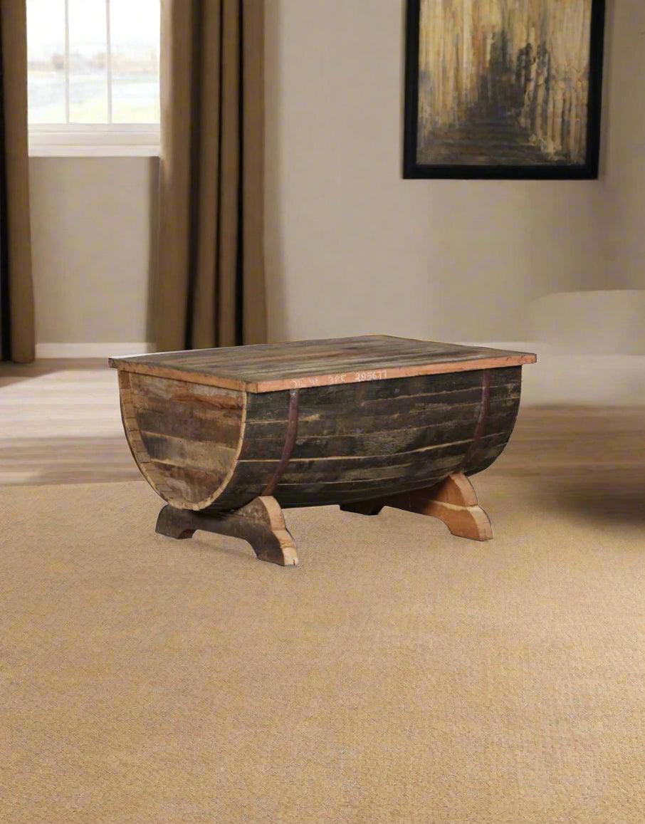 Image showcasing Rustic Wooden Barrel Coffee Table - Handcrafted Indian Furniture