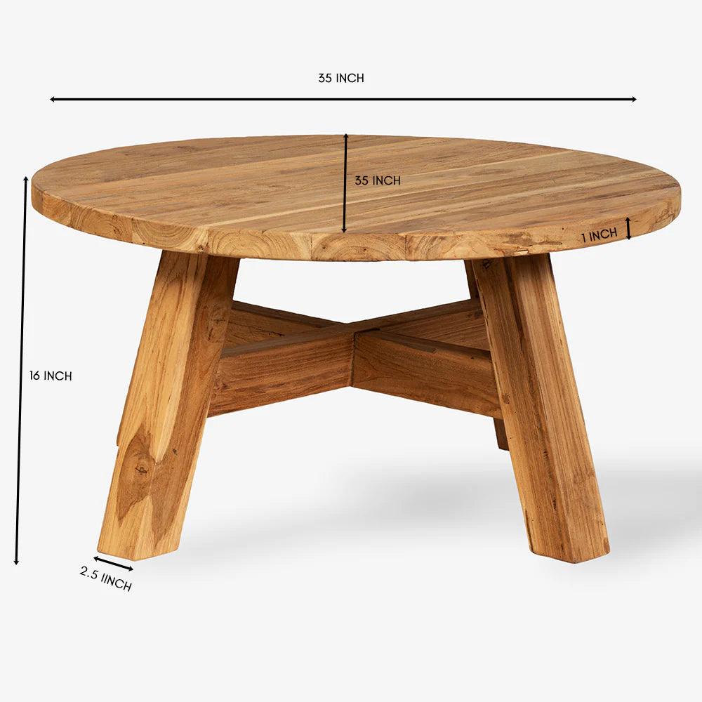 Wooden round table with dimensions marked on a white background