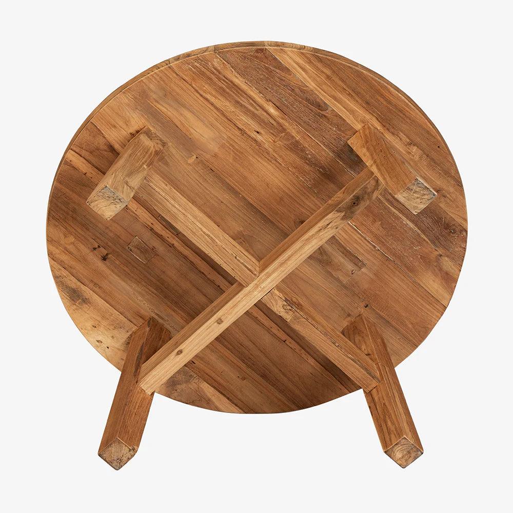 Round wooden table with a lattice design on a white background